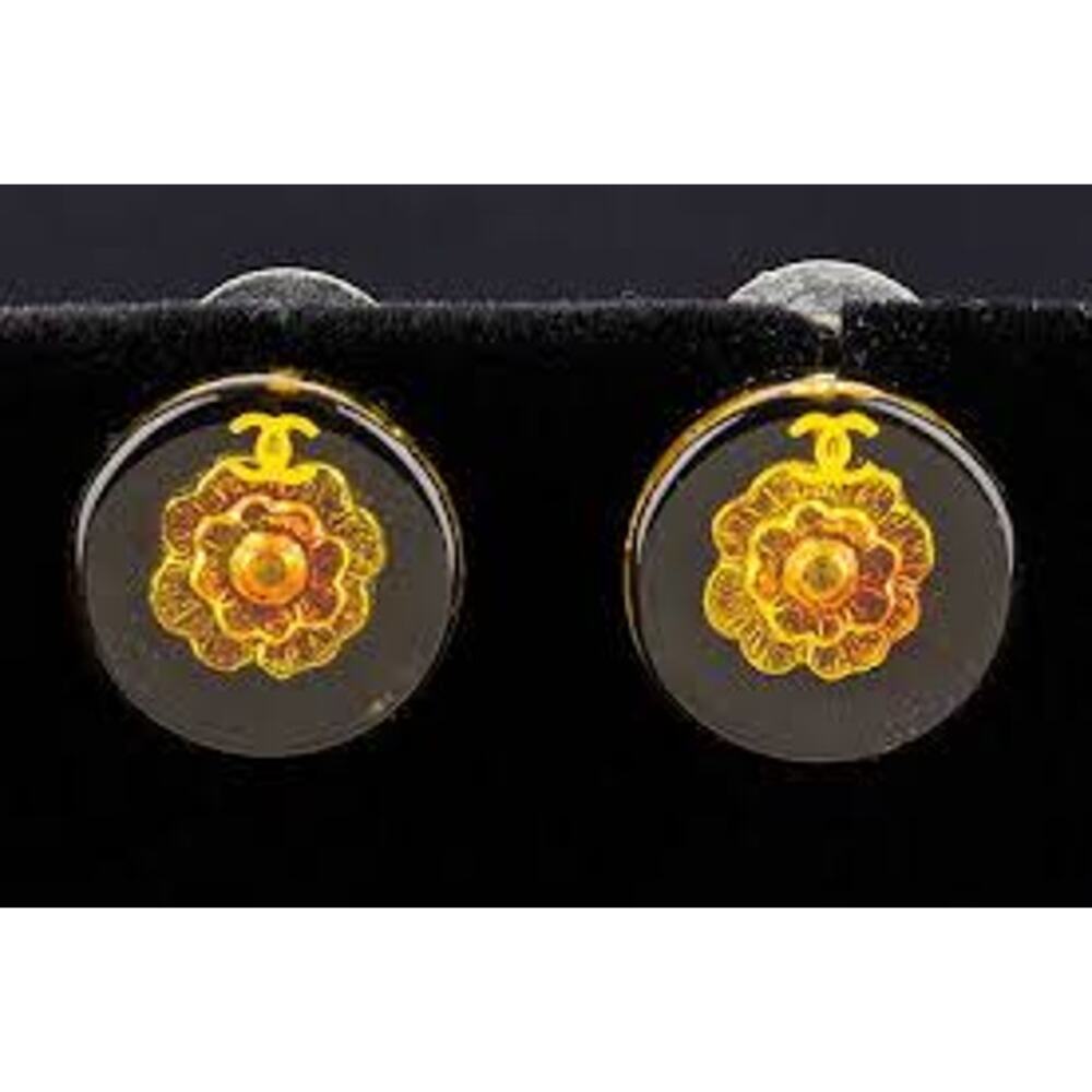 US BASED Authentic Vintage CHANEL Amber & Gold Camellia CC Earrings w gift bag